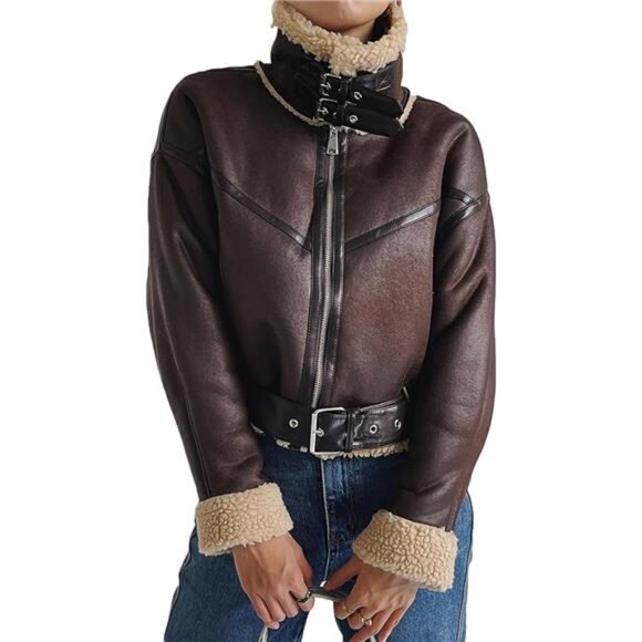 Winter Women’s Faux Lamb Sherpa Aviator Bomber Jacket – Vintage Cropped Coat - Picture 1 of 7